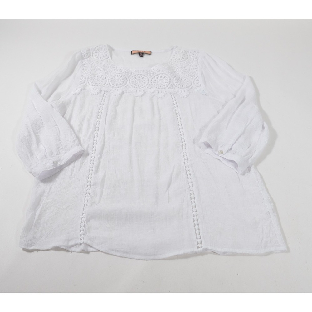Olive Hill Top Womens XL White Crochet Lace Gauze Blouse Boho 3/4 Sleeve Relaxed